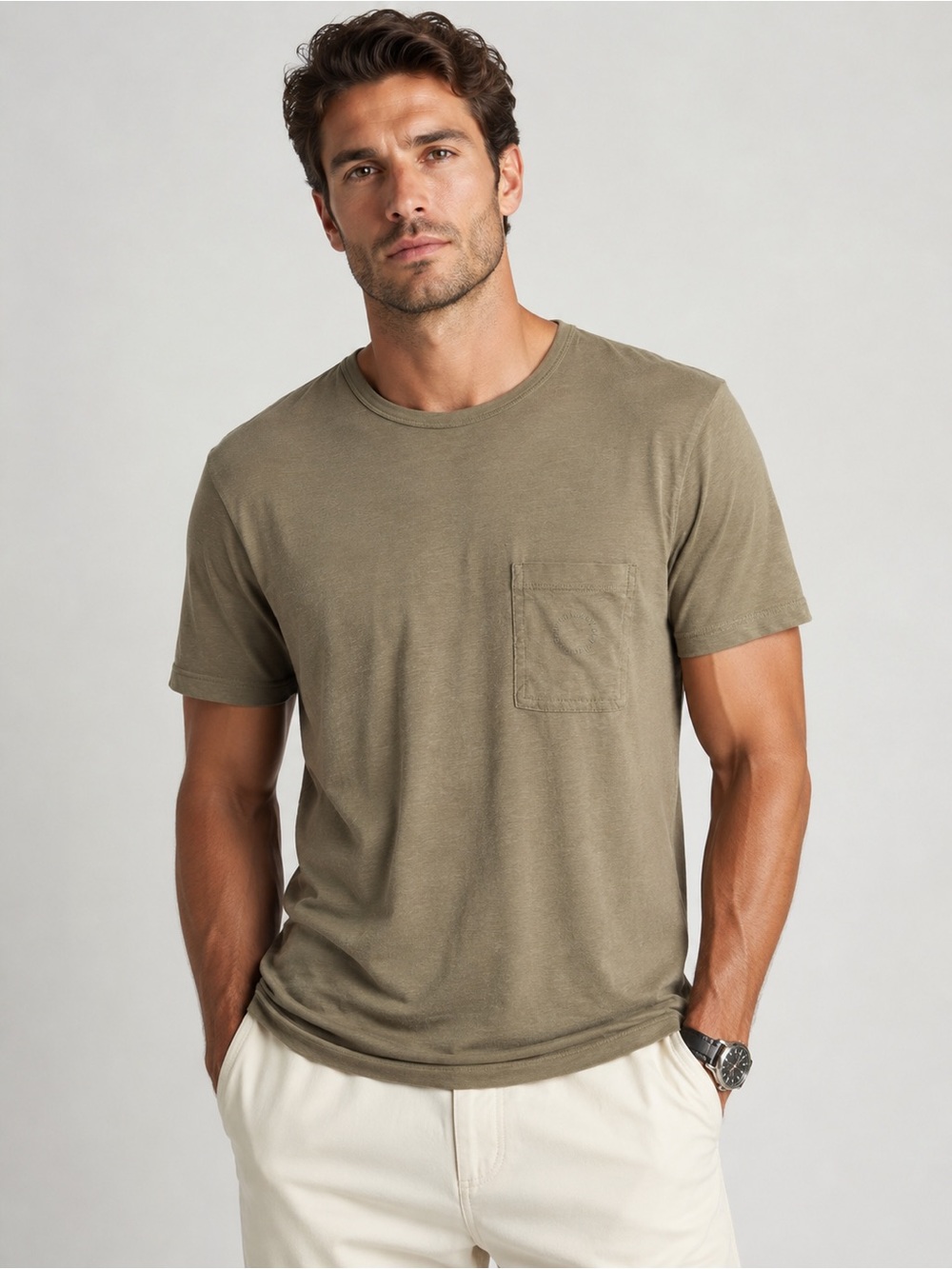 Ron Dorff Eyelet Olive Pocket Crew Neck Tee size L